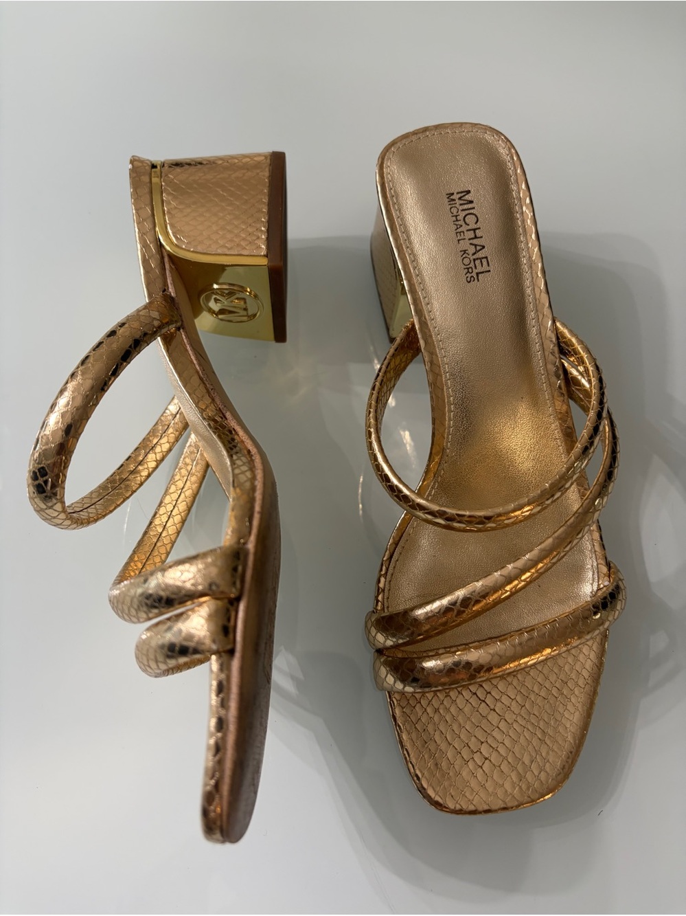 MICHAEL Michael Kors Metallic Rose Gold Strappy Block Heel Sandals 6